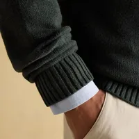 Pull en tricot pour homme confortable, col rond, vert foncé, avec logo jacquard sur le devant, pour l'hiver