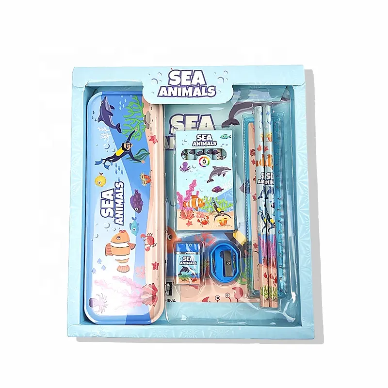 Children cute lovely multifunction 6 pieces smooth writing drawing tools iron sea animal pencil case stationery set for boys