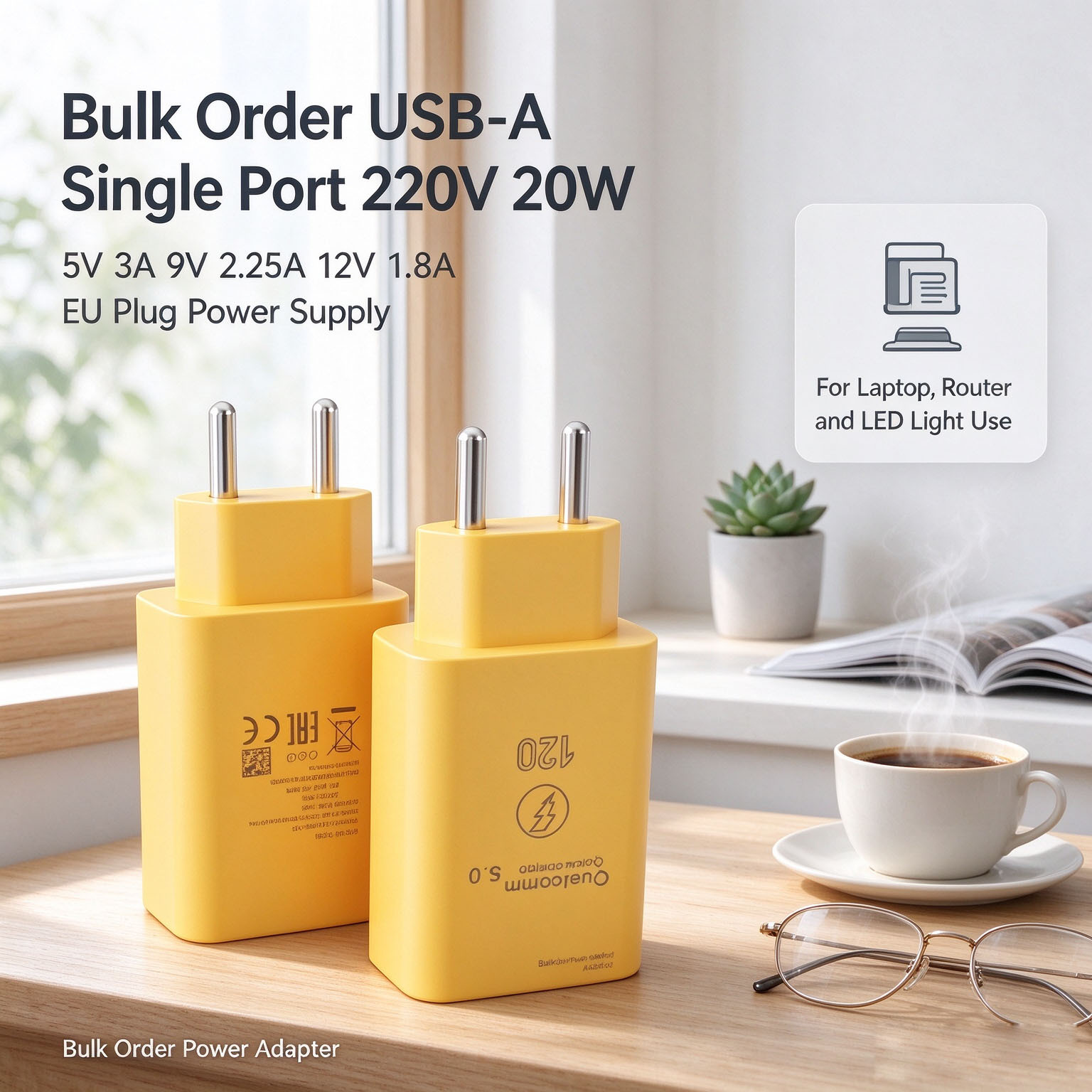 Bulk Order USB-A Single Port 220V 20W 5V 3A 9V 2.25A 12V 1.8A EU Plug Power Supply for Laptop Router LED Light Phone Charger