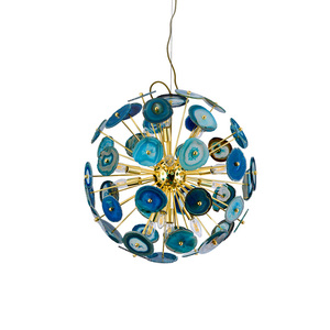 Plafonnier Art-dynastie en pierre d'agate verte, éclairage de livre, 6 lumières LED Spoutnik Lampara, pierre minérale avec structure en or - Product Image 1