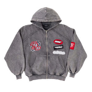 Felpa con Cappuccio di Alta Qualità con Ricami e Applicazioni, Effetto Sbiadito e Lavaggio Acido, Zip in Metallo, Stile Vintage Oversize <span class=keywords><strong>Y2K</strong></span> Streetwear - Product Image 3
