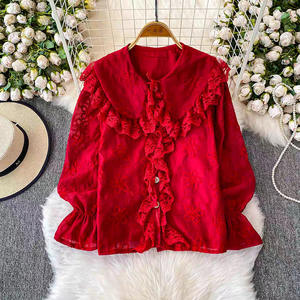 Blusa <span class=keywords><strong>de</strong></span> verano Premium para mujer elegante Socialite juvenil encaje Patchwork <span class=keywords><strong>de</strong></span> gama alta bordado campana manga cuello tejido sólido - Product Image 3