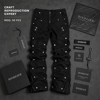 Celana Jeans Pria Model Flare Bertumpuk Lapis Lilin Kustom, Streetwear Gothic Punk, Grosir Celana Pria Berkualitas Tinggi OEM, Celana Berhias Kancing