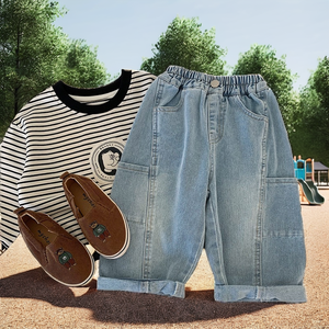 Pantalon Cargo Garçon en Coton Uni Style Vintage Décontracté Écologique de Haute Qualité pour Printemps Automne – Vente en Gros - Product Image 1