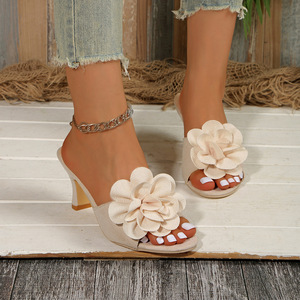 Elegant Fabric Flower Decoration Mule Slippers Peep Toe Mid <b>Block</b> Heel Women Dating Daily Footwear - Product Image 5