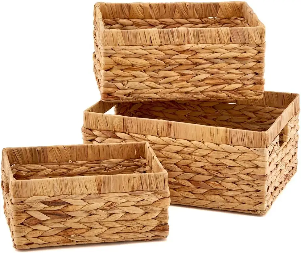 Eco-Friendly Ins Hot Wholesale Water Hyacinth Storage Baskets Rectangular Wicker Woven Basket Handles Organization Containers