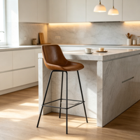 Tabouret de bar vintage en cuir PU avec dossier et pieds en fer, hauteur de comptoir pour îlot de cuisine et bar de café