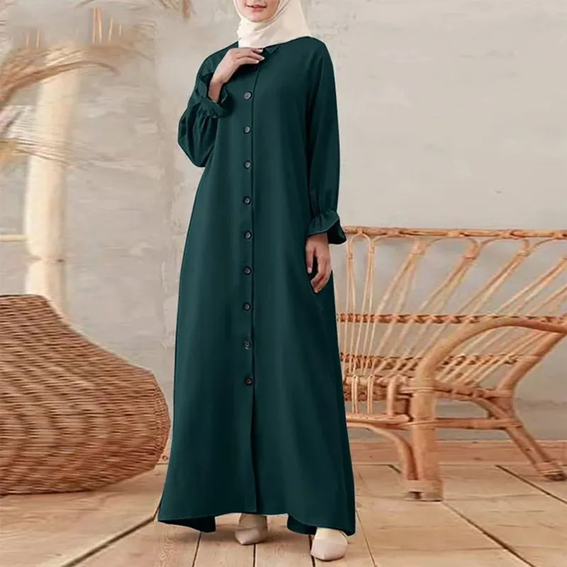 Sonbahar fas müslüman gömlek Abaya elbise düğmesi toptan basit ön düğmeler Abaya Femme Vestidos