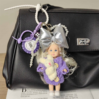Porte-clés pendentif pour sac à main et sac à dos, motif poupées en pull mignonnes, en tissu doux fait main avec pompon en corde, pour filles