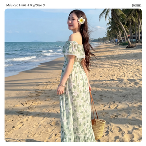 Women’s Floral Chiffon Off Shoulder <b>Maxi</b> <b>Dress</b> <b>Flutter</b> <b>Sleeve</b> Flowy A Line Resort <b>Dress</b> OEM ODM Wholesale Vietnam Manufacturer - Product Image 2