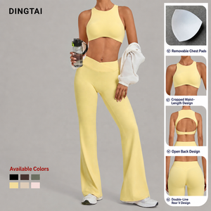 Conjunto de yoga de 2 piezas transpirable de talla grande para <span class=keywords><strong>mujer</strong></span> Dingtai: leggings acampanados de cintura alta cruzada con control de abdomen y efecto fruncido, sin costuras, para <span class=keywords><strong>deporte</strong></span>. - Product Image 2