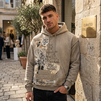 Sweat à capuche délavé vintage gris kaki, épais et vieilli, avec patchwork graffiti, style streetwear, personnalisable OEM, vente en gros, imprimé décontracté