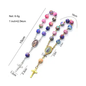 Fashion color flower printed ceramic bracelet clay bead woven women's bracelet cross Rosary Bracelet