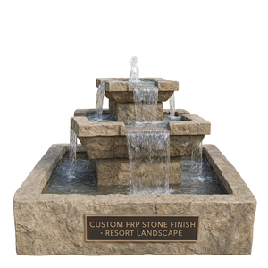 Fontaine à plusieurs niveaux en FRP à texture de pierre, élément aquatique personnalisé pour jardin, hôtel, complexe hôtelier, aménagement paysager - Product Image 2