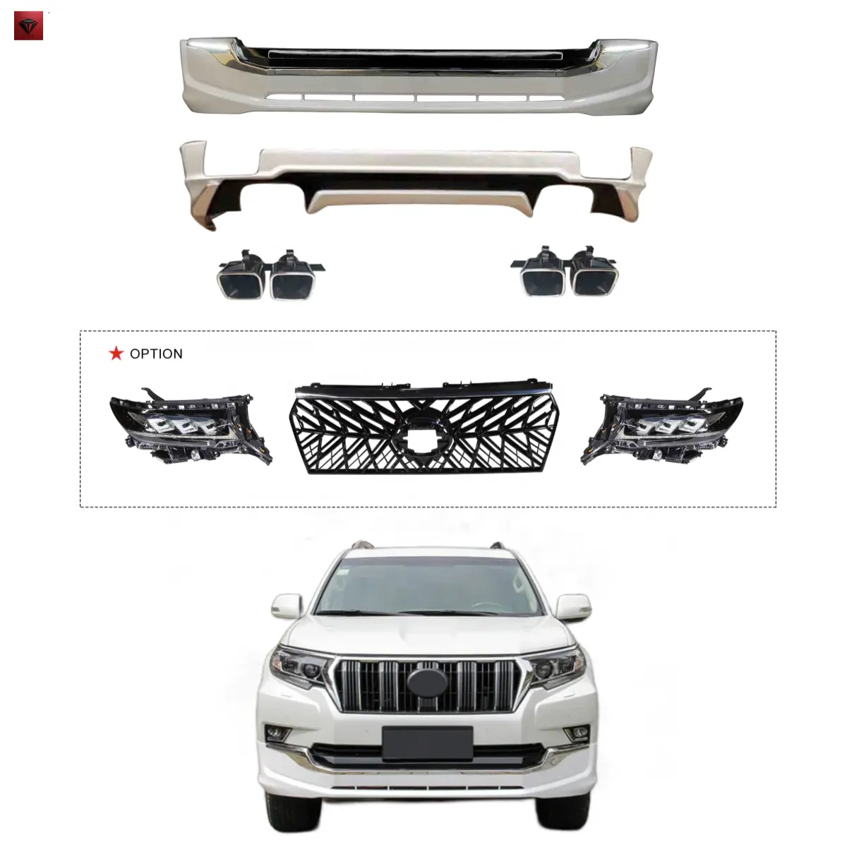 TKZC BODY KIT INCLUDE FRONT/REAR BUMPER LIP With Turn Signal Light GRILLE HEADLIGHT and EXHAUST PIPE Fitted for 2018 PRADO FJ150