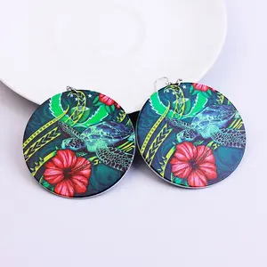 6CM Vintage Painted Wooden Earring Ethnic Turtle Statement Round Wood Drop Jewelry Pohnpei State Flag Earrings For Women