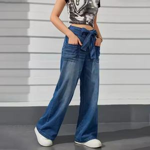 Jeans de mezclilla casuales de tiro bajo 2025, desgastados, de pierna ancha, lavado claro, transpirables, estilo cargo, para mujer - Product Image 5