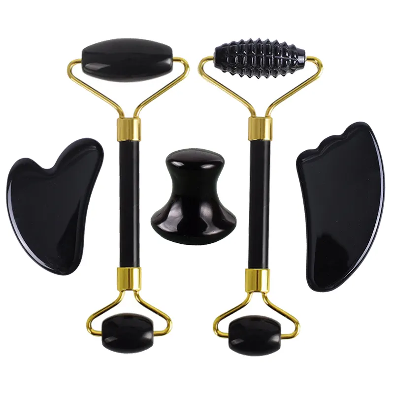 Natural Black Obsidian Face Massager Gouache Scraper Gua Sha Massage Tool Set