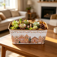 Kotak Logam Persegi Panjang Motif Gingerbread Natal Berlapis Emas, Pot Besi Serbaguna untuk Tanaman Bunga, Dekorasi Rumah dan Taman untuk Liburan