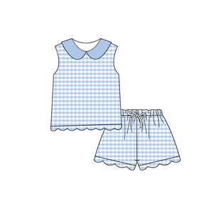 GSSO3397 Conjunto de ropa de verano para niña pequeña con estampado a cuadros azules, venta al por mayor, conjunto de ropa infantil de manga corta para niña - Product Image 1