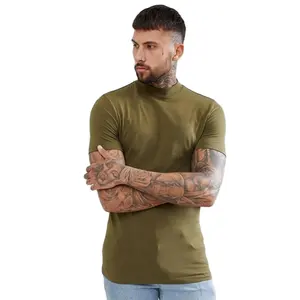 KY mens fashion khaki high neck tshirt for men design muscle fit turtleneck wholesale t-shirts