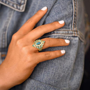 T0924 Women's Cocktail <b>Ring</b> 18K Solid <b>Gold</b> <b>Turquoise</b> Marquise Cut Round Diamond Bezel Setting Geometric Party Jewelry - Product Image 2