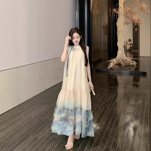 เดรสยาวทรงเอไลน์ผ้าชีฟองแบบผูกคอ ดีไซน์ลายปะติดระบายอากาศได้ดี ช่วงเอวหลวม ใส่คลุมชายหาดได้ - Product Image 2