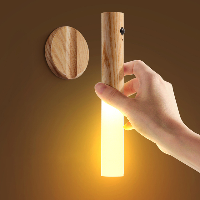 Wooden Motion Sensor Wall Light Rechargeable Magnetic LED Sconce, Wireless Battery Operated Night Light for Bedroom Hallway