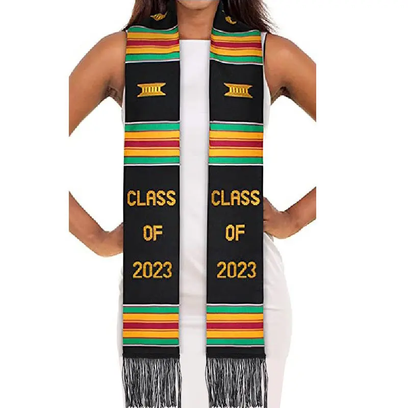 ST-004 Wholesale Graduation Stole Double Layered Tassel Black Shawl Satin Graduation Stole Decoration Accept Custom Logo