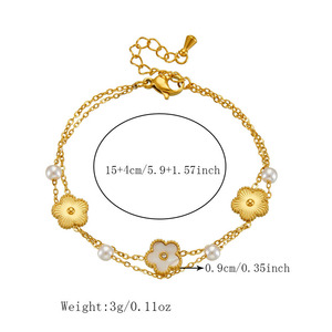 European American Style Retro Multi Layer Gold Plated Stainless Steel Chain Flower Bracelet With Green Stone And Pearl - Product Image 5