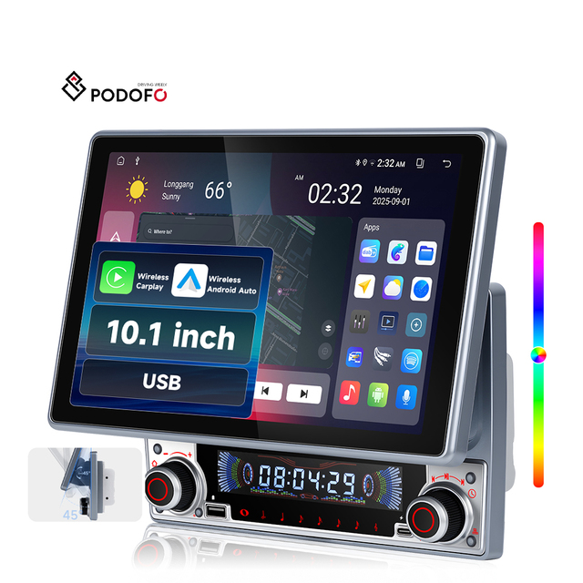 Podofo Slim 10.1" Rotatable Incell Screen 4+64GB Android Car Radio Wireless Carplay/Android Auto Dual Knob for Universal Cars