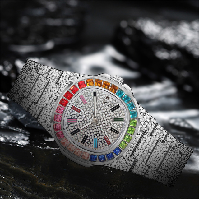Multicolor Men Watch Top Brand Iced Out Watches for Men Luxury Hip Hop Watch Gold Crystal Calendar Fashion Wristwatches Relogio