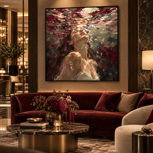 Ritratto di Donna Subacquea Dipinto a Olio con Spatola su Tela, <span class=keywords><strong>Arte</strong></span> Murale Surreale Figurativa Bordeaux per Arredamento di Boutique Hotel e Spa - Product Image 4