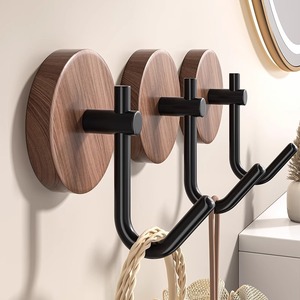 Walnut Wood Wall <b>Hook</b> Round Self Adhesive Strong Hold Bedroom Coat Rack Mounting - Product Image 1