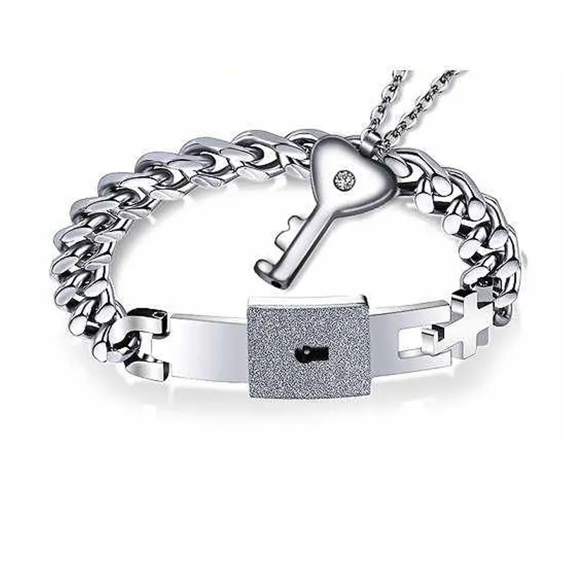 Custom Name Logo Jewelry Blank Stainless Steel Engraved Key And Lock Bracelet Couple For Men Women