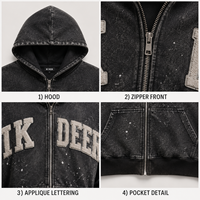 Sweat à capuche zippé personnalisé IKDEER pour homme, veste à capuche oversize vintage délavée avec patch en chenille pour le streetwear