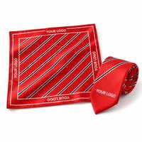 Ensemble de cravate et foulard rayés rouges à impression numérique de luxe, en twill de soie de mûrier 100% haute densité, avec logo personnalisé et bords finis à la main
