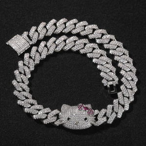 Colliers à maillons cubains en zircon motif chat de dessin animé, entièrement sertis de diamants, chaînes tendance pour style hip-hop - Product Image 3