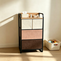 Commode à 4 tiroirs personnalisée de style nordique, avec dessus en bois, structure en métal et tiroirs en tissu, pour le salon