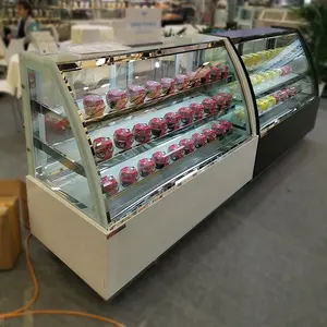 ベーカリーショップ用の商業用湾曲二重ガラスドアチラーフリーザー空冷ケーキディスプレイ冷蔵庫ショーケース