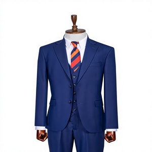 Costume d'affaires bleu marine pour homme, croisé, col mandarin, coupe droite, infroissable, en mélange de laine peignée et de polyester, tenue formelle - Product Image 1