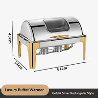 Réchaud de buffet rond en acier inoxydable AiMW avec couvercle rabattable visible, doré/argenté, à quatre pieds, pour usage hôtelier et petit-déjeuner