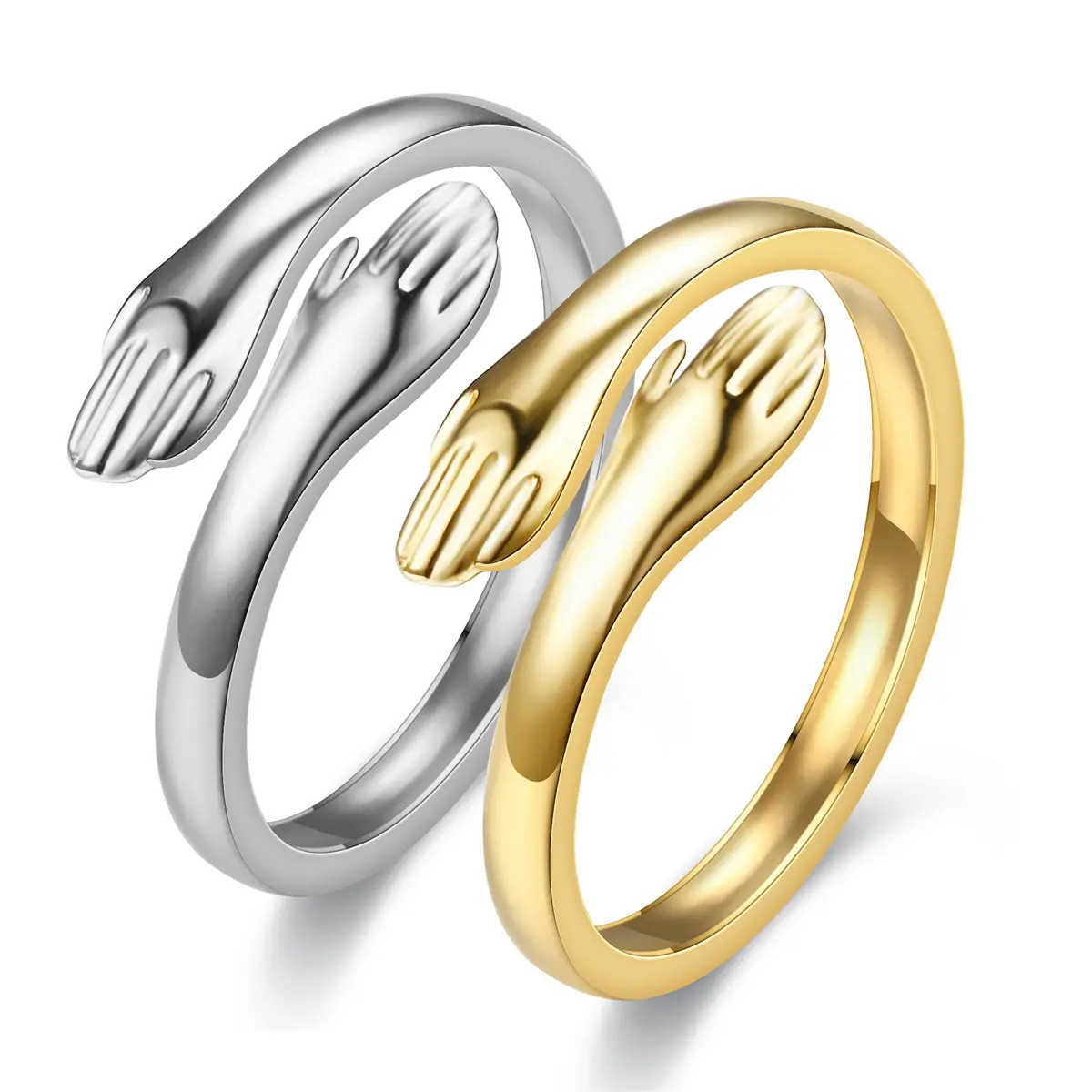 Mode 6MM acier inoxydable ouvert manchette réglable amour étreignant mains mariage bagues de fiançailles Vintage câlin anneaux pour les femmes