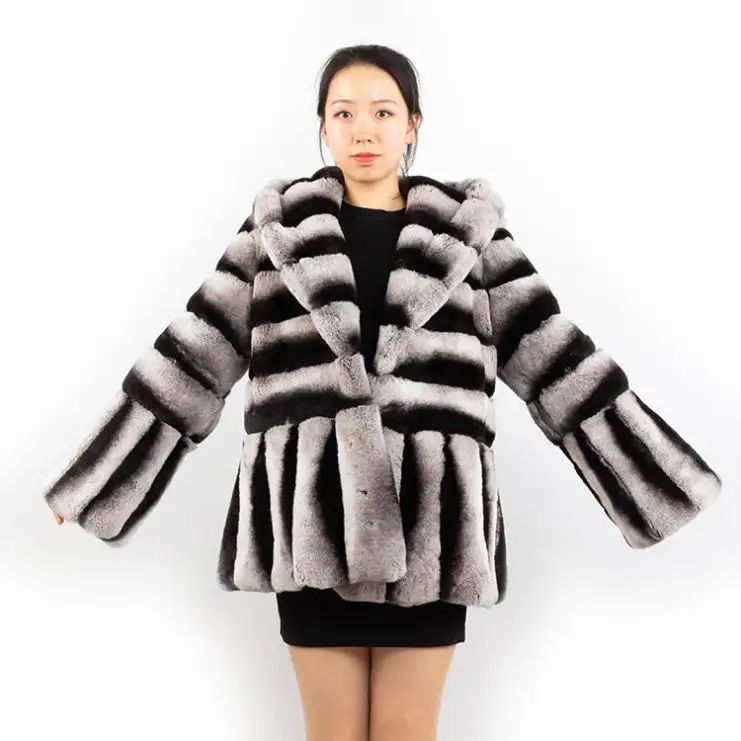 Mantel Bulu Istanbul Modis 70Cm Panjang Musim Dingin Wanita Chinchilla Rex Mantel Bulu Kelinci dengan Tudung