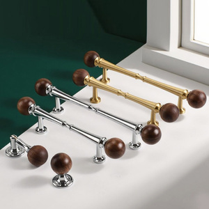 Vintage Solid Walnut Wood Brass <strong>Knobs</strong> Handles Hotel Furniture Wardrobe Cabinet <strong>Door</strong> Drawers Spherical Handles Pulls - Product Image 1