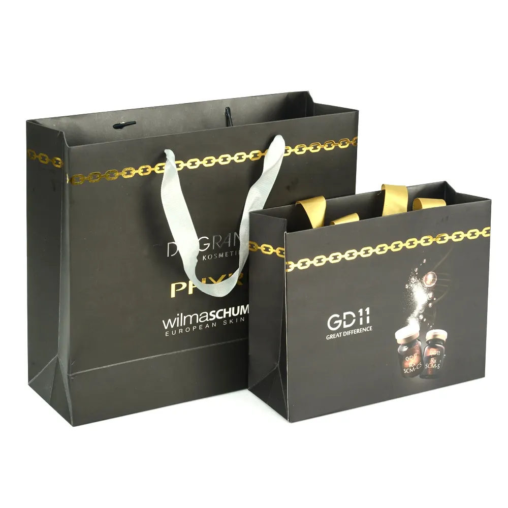 Custom logo printing little whole sale paper bags gift paper bag with ribbon handles