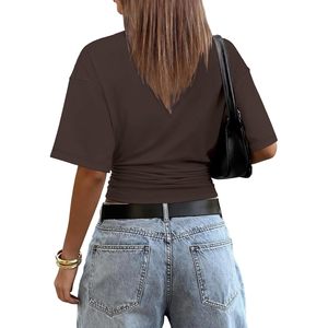 FOXA Crop Top Short Sleeve Ruched Waist Slim Fit O Neck Summer Casual Women's Basic Tee Fashion T Shirt - Product Image 5