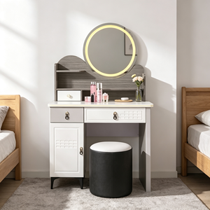 Modern Makeup Vanity <b>With</b> Lighted Round Mirror Storage <b>Drawers</b> And Cabinet Bedroom <b>Dressing</b> <b>Table</b> <b>With</b> Stool - Product Image 2