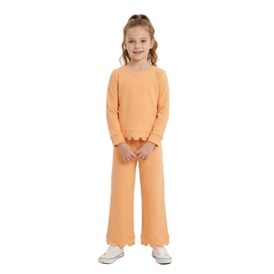 Conjunto de Ropa de 2 Piezas para Niñas Pequeñas, Estilo Casual y Dulce, Top de Manga Larga de Color Sólido de Algodón de la Boutique RTS, Pantalones Leggings con Borde Festoneado - Product Image 4