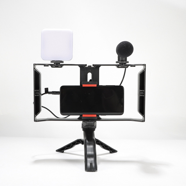 Smartphone Vlogging Blogger Video Making Kit, Grip with Microphone + square Light + square Holder + Mini Tripod for Most Phones